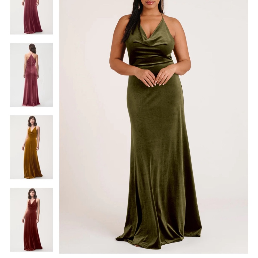 Jenny Yoo Olive Green Velvet Halter Gown